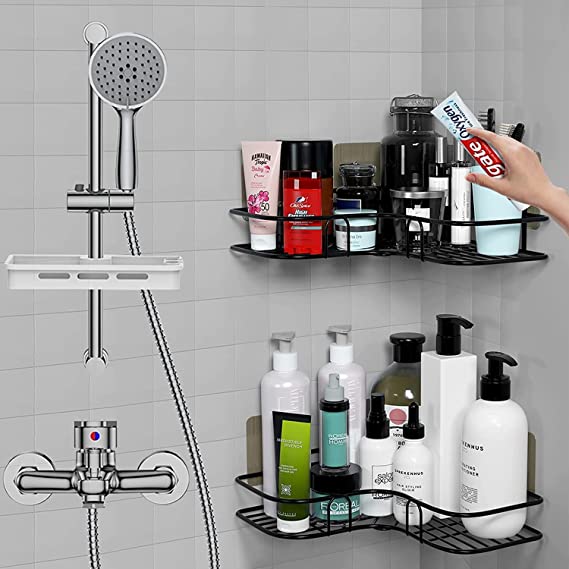 Stiff Stainless Steel Bathroom Corner Shelf | Kitchen Organizer Stand | Self-Adhesive Sticker Hooks Without Drilling. (Black, 1 Metal Corner) (1 Metal Corner) 2 Stiff Stainless Steel Bathroom Corner Shelf | Kitchen Organizer Stand | Self-Adhesive Sticker Hooks Without Drilling. (Black, 1 Metal Corner) (1 Metal Corner) - Image 2