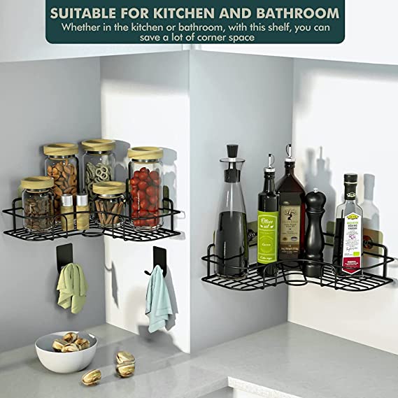Stiff Stainless Steel Bathroom Corner Shelf | Kitchen Organizer Stand | Self-Adhesive Sticker Hooks Without Drilling. (Black, 1 Metal Corner) (1 Metal Corner) 3 Stiff Stainless Steel Bathroom Corner Shelf | Kitchen Organizer Stand | Self-Adhesive Sticker Hooks Without Drilling. (Black, 1 Metal Corner) (1 Metal Corner) - Image 3