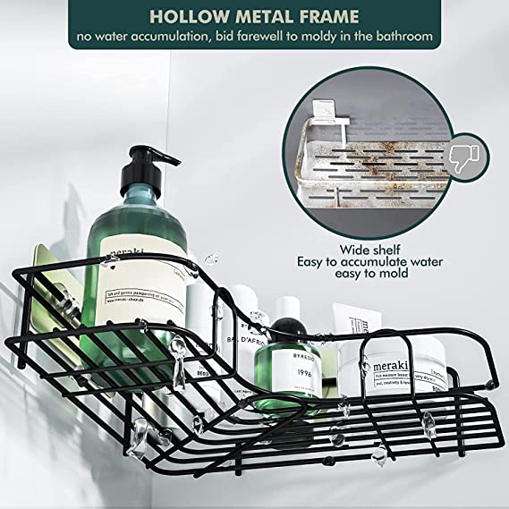 Stiff Stainless Steel Bathroom Corner Shelf | Kitchen Organizer Stand | Self-Adhesive Sticker Hooks Without Drilling. (Black, 1 Metal Corner) (1 Metal Corner) 5 Stiff Stainless Steel Bathroom Corner Shelf | Kitchen Organizer Stand | Self-Adhesive Sticker Hooks Without Drilling. (Black, 1 Metal Corner) (1 Metal Corner) - Image 5