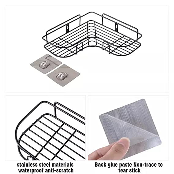 Stiff Stainless Steel Bathroom Corner Shelf | Kitchen Organizer Stand | Self-Adhesive Sticker Hooks Without Drilling. (Black, 1 Metal Corner) (1 Metal Corner) 6 Stiff Stainless Steel Bathroom Corner Shelf | Kitchen Organizer Stand | Self-Adhesive Sticker Hooks Without Drilling. (Black, 1 Metal Corner) (1 Metal Corner) - Image 6