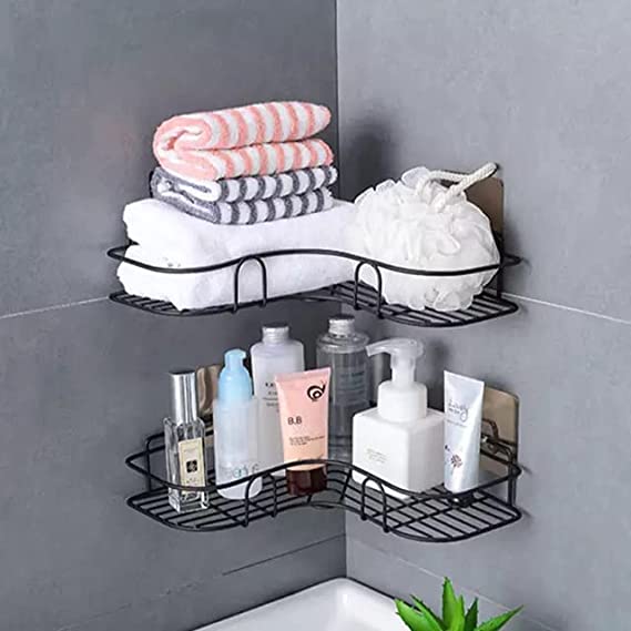 Stiff Stainless Steel Bathroom Corner Shelf | Kitchen Organizer Stand | Self-Adhesive Sticker Hooks Without Drilling. (Black, 1 Metal Corner) (1 Metal Corner) 1 Corner shelf with Self Adeshive Hook