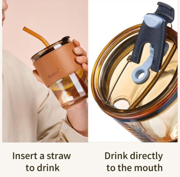 MEXONIC Leather Grip Coffee Cup Sipper Glass with Straw Mug with Straw Coffee Cup with Leather Grip, glass bottle with straw coffee sipper with straw sipper for adults juice glasses with lid and straw sippers for adults sipper cup for adults coffee sipper with straw Tumbler Mug with Lid Anti-Skid Leather Sleeve for Hot and Cold Beverages Tea Coffee Smoothies Fruit Juice Travel Mug (PACK OF 01) - Image 4
