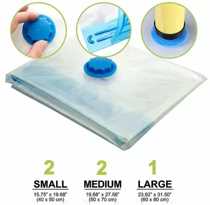 Niyam Smart Space Saver Reusable Zip Lock Vacuum Plastic Storage Bags (Pack of 5) 2 Small (50 Cm X 60 Cm), 2 Medium (60 Cm X 80 Cm), 1 Large (70 Cm X 100 Cm) With Hand Pump For Travel 5 Niyam Smart Space Saver Reusable Zip Lock Vacuum Plastic Storage Bags (Pack of 5) 2 Small (50 Cm X 60 Cm), 2 Medium (60 Cm X 80 Cm), 1 Large (70 Cm X 100 Cm) With Hand Pump For Travel - Image 5