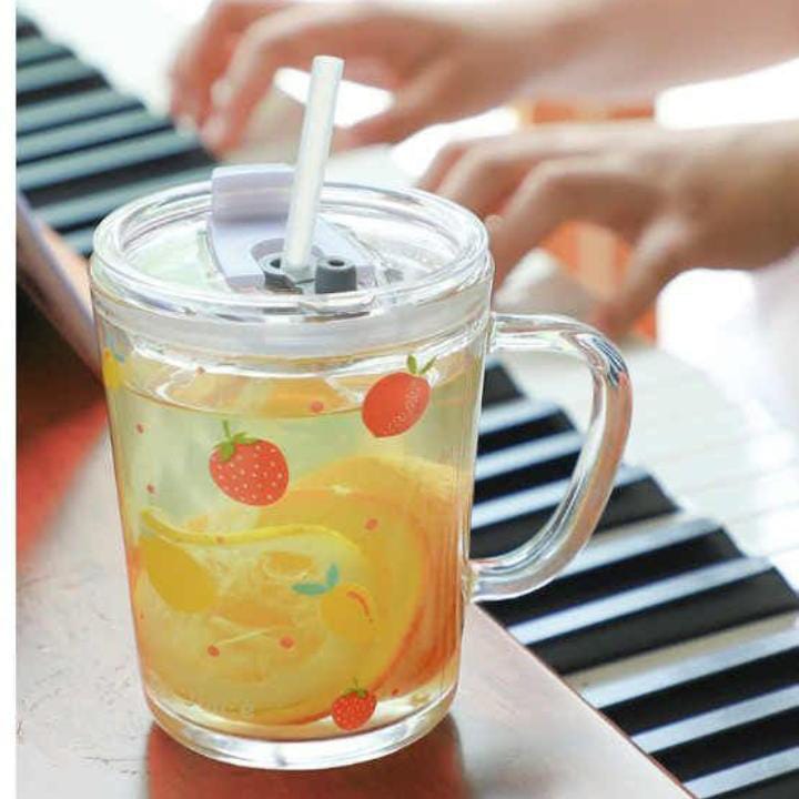 KiKiluxxa Cartoon Print Creative Milk Glass Sipper Cup/Mug with Handle and Spill Proof Lid and Straw Tumbler - Random Design (Transparent, 350ml) 2 Glass Shipper