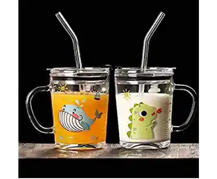 KiKiluxxa Cartoon Print Creative Milk Glass Sipper Cup/Mug with Handle and Spill Proof Lid and Straw Tumbler - Random Design (Transparent, 350ml) 1 Glass Shipper