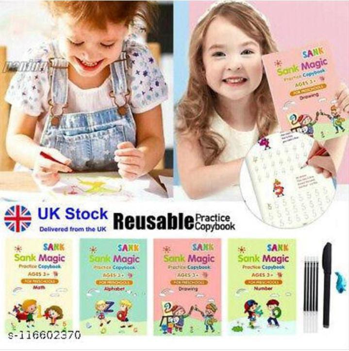 SUPER TOY Sank Magic Practice Copy Book for Kids - Pack of 4 Book + 10 Refill+ 1 Pen + 1 Grip 1 Sank Magic Copybbok