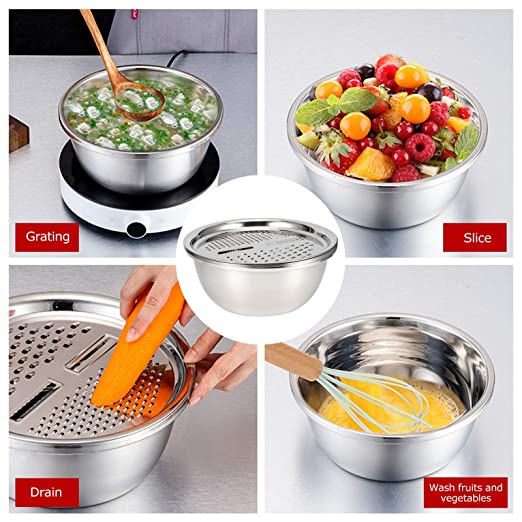 Multifunctional Stainless Steel Grater Basin 3 In 1 Colanders Basin, Grater Strainer and Drain Basket Salad Maker Bowl1 3 Multifunctional Stainless Steel Grater Basin 3 In 1 Colanders Basin, Grater Strainer and Drain Basket Salad Maker Bowl1 - Image 3