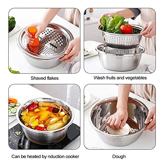 Multifunctional Stainless Steel Grater Basin 3 In 1 Colanders Basin, Grater Strainer and Drain Basket Salad Maker Bowl1 5 Multifunctional Stainless Steel Grater Basin 3 In 1 Colanders Basin, Grater Strainer and Drain Basket Salad Maker Bowl1 - Image 5
