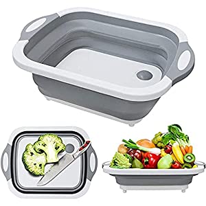 Wandeful Collapsible Cutting Board, 3 in 1 Chopping Board with Drain Plug, Wash Basin & Dish tub & Colander, Multifunctional for Vegetable Fruit, Space Saving for Kitchen, Camping, Picnic & BBQ, Green 1 3 in 1 cutting board