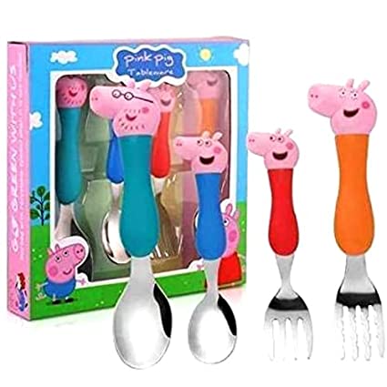KRAFTALES Pink Pig Family Cartoon Theme Stainless Steel Spoon & Fork Set for Kids - Baby Feeding Spoon and Fork Set (Multicolor) 1 Papa Pig 🐖 Spoon Set